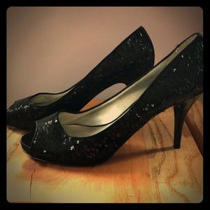 Black Guess Sequin Open Toe Heel